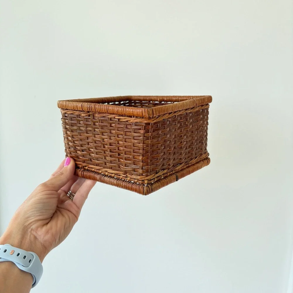 Vintage Square Wicker Storage Basket Brown Woven Rustic Home Decor Organizer